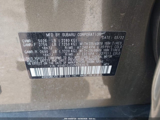 4S4BTGJDXN3253676 Subaru Outback Onyx Edition Xt