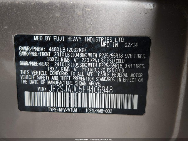 2015 Subaru Forester 2.5i Touring მანქანა იყიდება აუქციონზე, vin: JF2SJAUC5FH406948, აუქციონის ნომერი: 44458147