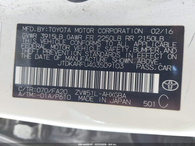 JTDKARFU4G3509103 Toyota Prius Three
