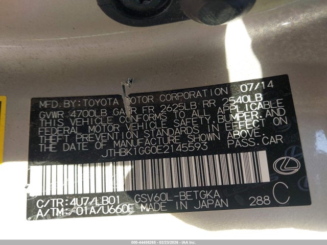 2014 Lexus Es 350 მანქანა იყიდება აუქციონზე, vin: JTHBK1GG0E2145593, აუქციონის ნომერი: 44458265