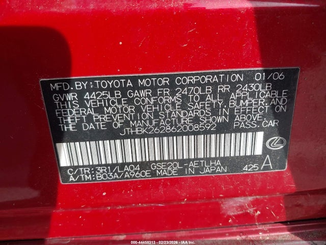 44458313 :رقم المزاد ، JTHBK262862008592 vin ، 2006 Lexus Is 250 مزاد بيع