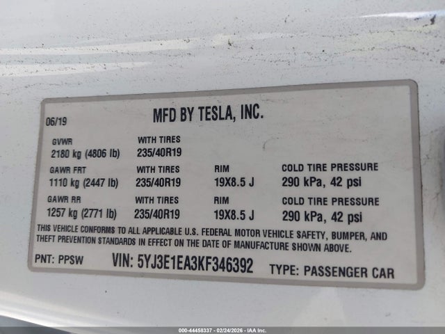 Aukcja sprzedaży 2019 Tesla Model 3 Long Range/mid Range/standard Range/standard Range Plus, vin: 5YJ3E1EA3KF346392, numer aukcji: 44458337