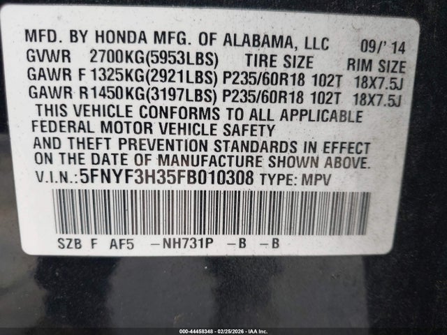 Honda PILOT SE 2015 5FNYF3H35FB010308 Image 9