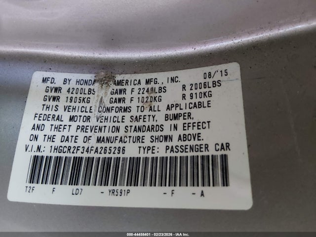 2015 Honda Accord Lx მანქანა იყიდება აუქციონზე, vin: 1HGCR2F34FA265296, აუქციონის ნომერი: 44458401