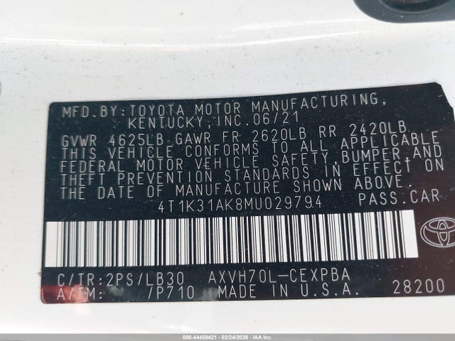2021 Toyota Camry Xse Hybrid მანქანა იყიდება აუქციონზე, vin: 4T1K31AK8MU029794, აუქციონის ნომერი: 44458421