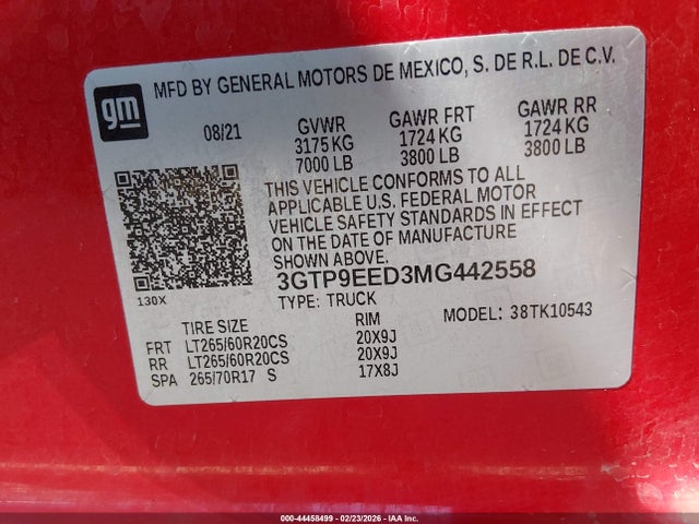Продажа на аукционе авто 2021 Gmc Sierra 1500 4wd  Short Box At4, vin: 3GTP9EED3MG442558, номер лота: 44458499