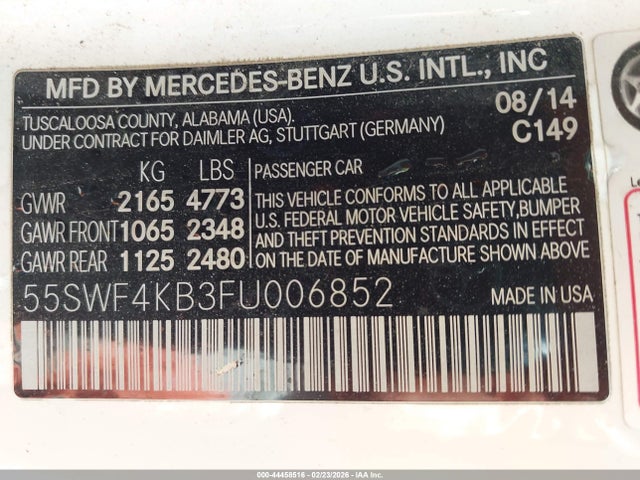 Aukcja sprzedaży 2015 Mercedes-benz C 300 Sport 4matic, vin: 55SWF4KB3FU006852, numer aukcji: 44458516