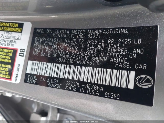 2021 Lexus Es 350 მანქანა იყიდება აუქციონზე, vin: 58ADZ1B15MU096116, აუქციონის ნომერი: 44458592