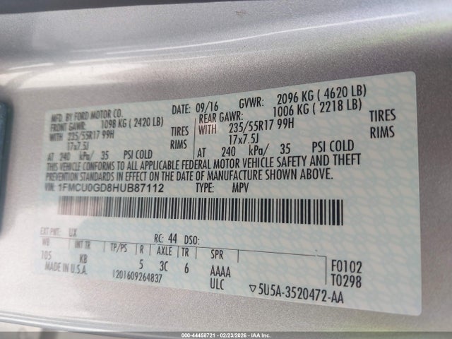 Продаж на аукціоні авто 2017 Ford Escape Se, vin: 1FMCU0GD8HUB87112, номер лоту: 44458721