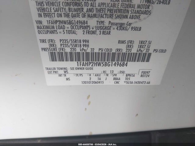 2011 FORD TAURUS 1FAHP2HW5BG149684 Photo 8