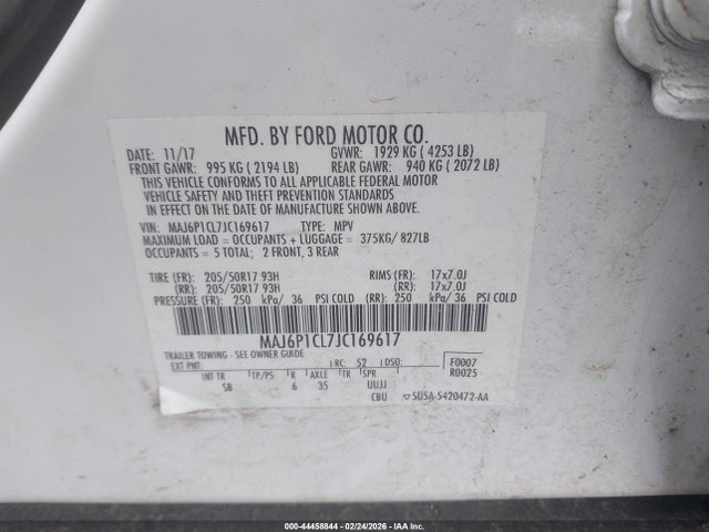 2018 Ford Ecosport Ses მანქანა იყიდება აუქციონზე, vin: MAJ6P1CL7JC169617, აუქციონის ნომერი: 44458844