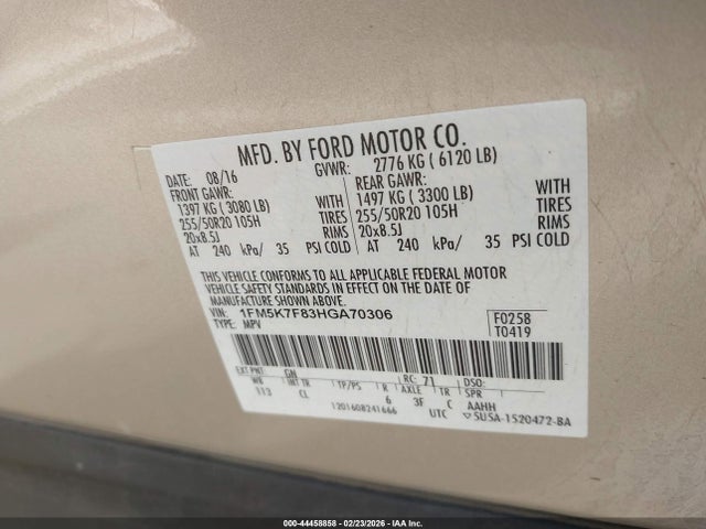 1FM5K7F83HGA70306 Ford Explorer Limited