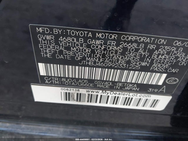 44458881 :رقم المزاد ، JTHBJ46G992331225 vin ، 2009 Lexus Es 350 مزاد بيع