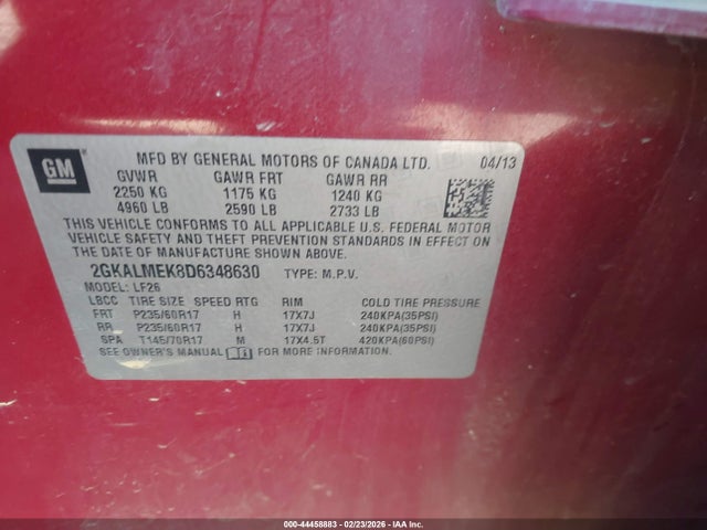 44458883 :رقم المزاد ، 2GKALMEK8D6348630 vin ، 2013 Gmc Terrain Sle-1 مزاد بيع