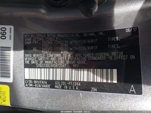 Aukcja sprzedaży 2017 Toyota Sienna L 7 Passenger, vin: 5TDZZ3DC4HS872547, numer aukcji: 44458915