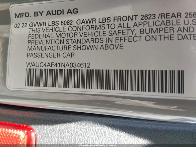 2022 Audi S4 Prestige Tfsi Quattro Tiptronic მანქანა იყიდება აუქციონზე, vin: WAUC4AF41NA034612, აუქციონის ნომერი: 44458945