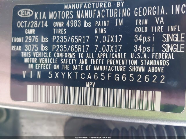 KIA SORENTO LX 2015 5XYKTCA65FG652622 Image 9