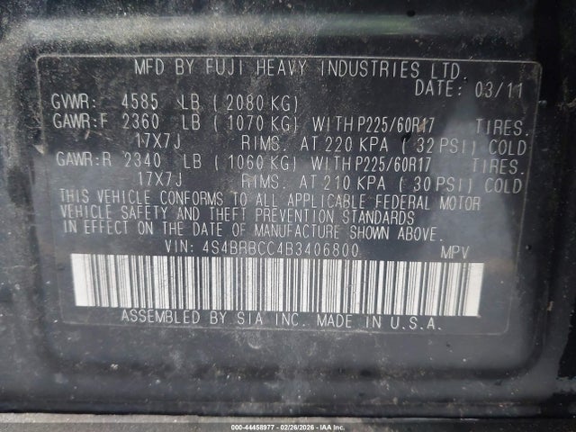 2011 Subaru Outback 2.5i Premium მანქანა იყიდება აუქციონზე, vin: 4S4BRBCC4B3406800, აუქციონის ნომერი: 44458977