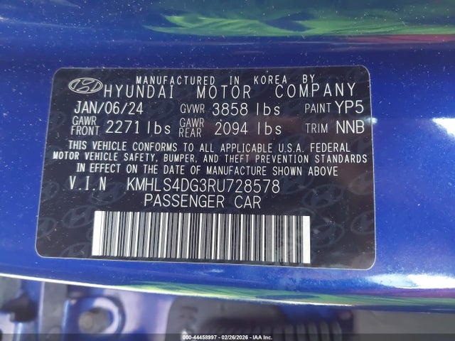 44458997 :رقم المزاد ، KMHLS4DG3RU728578 vin ، 2024 Hyundai Elantra Sel مزاد بيع