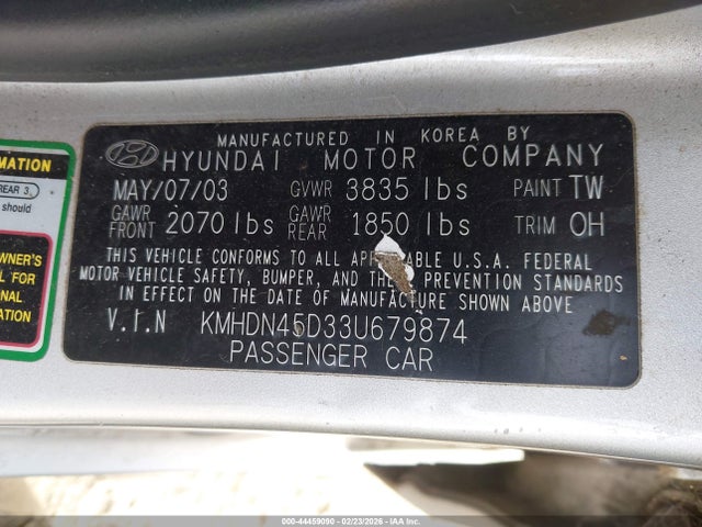 2003 HYUNDAI ELANTRA KMHDN45D33U679874 Photo 8