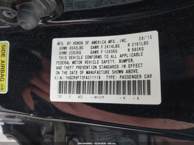 Aukcja sprzedaży 2015 Honda Accord Hybrid Touring, vin: 1HGCR6F73FA011119, numer aukcji: 44459092