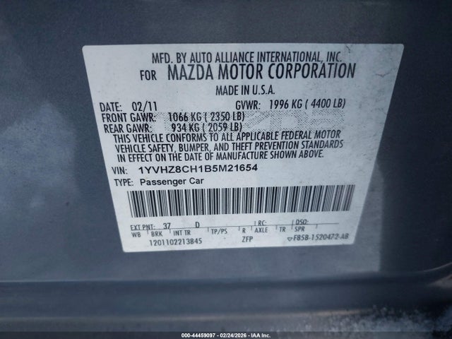 44459097 :رقم المزاد ، 1YVHZ8CH1B5M21654 vin ، 2011 Mazda Mazda6 I Touring مزاد بيع