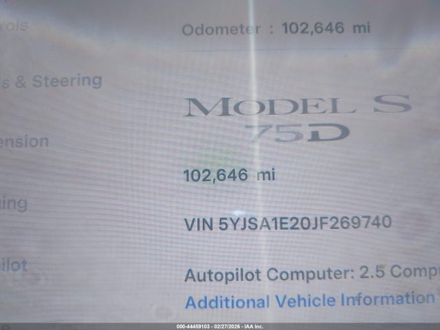 44459103 :رقم المزاد ، 5YJSA1E20JF269740 vin ، 2018 Tesla Model S 100d/75d/p100d مزاد بيع