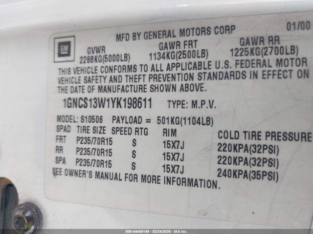 2000 CHEVROLET BLAZER 1GNCS13W1YK198611 Photo 8