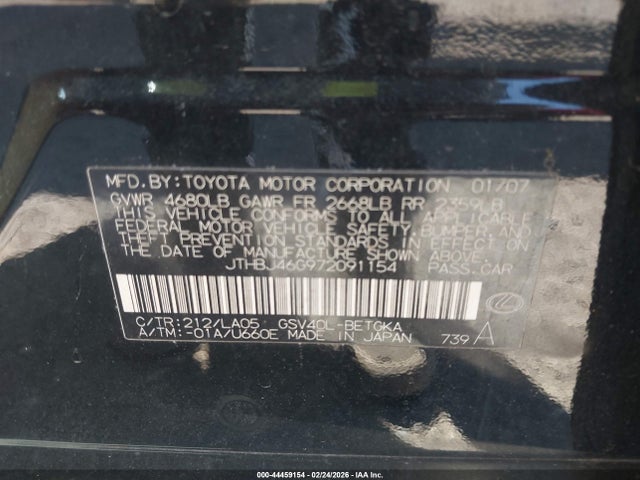 Aukcja sprzedaży 2007 Lexus Es 350, vin: JTHBJ46G972091154, numer aukcji: 44459154