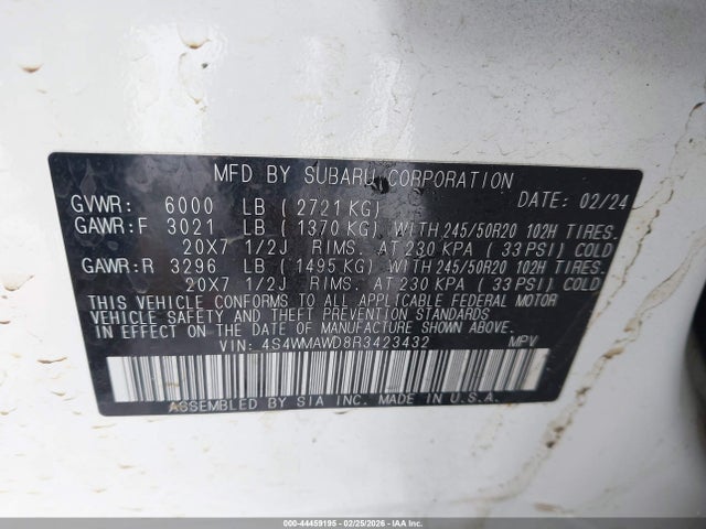 44459195 :رقم المزاد ، 4S4WMAWD8R3423432 vin ، 2024 Subaru Ascent Touring 7-passenger مزاد بيع