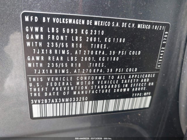 Продаж на аукціоні авто 2022 Volkswagen Tiguan 2.0t Se, vin: 3VV2B7AX3NM033250, номер лоту: 44459228