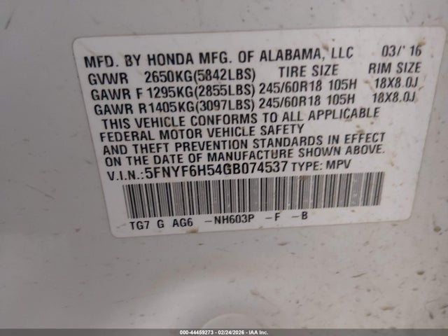 5FNYF6H54GB074537 Honda Pilot Ex-l