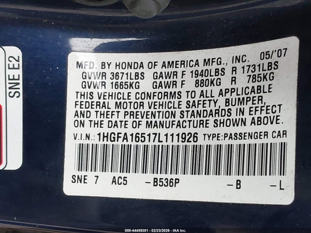 Продаж на аукціоні авто 2007 Honda Civic Lx, vin: 1HGFA16517L111926, номер лоту: 44459381