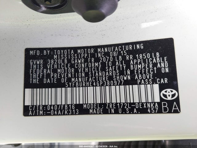 5YFBURHE4GP380977 Toyota COROLLA LE