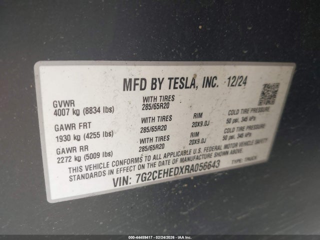 44459417 :رقم المزاد ، 7G2CEHEDXRA056643 vin ، 2024 Tesla Cybertruck All-wheel Drive مزاد بيع