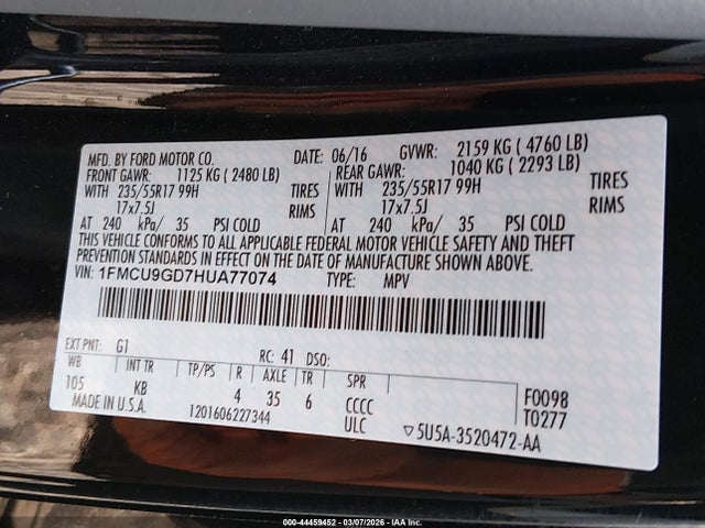 1FMCU9GD7HUA77074 Ford ESCAPE SE