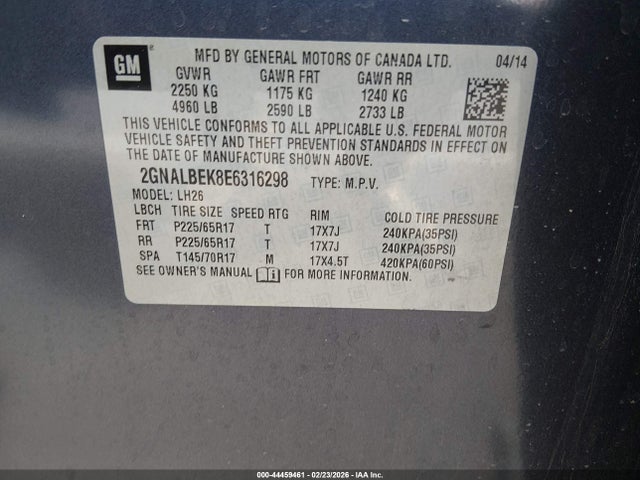2GNALBEK8E6316298 Chevrolet EQUINOX 1LT