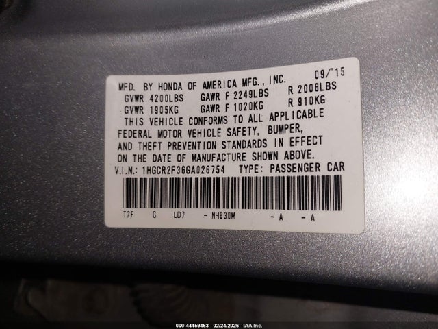 44459463 :رقم المزاد ، 1HGCR2F36GA026754 vin ، 2016 Honda Accord Lx مزاد بيع