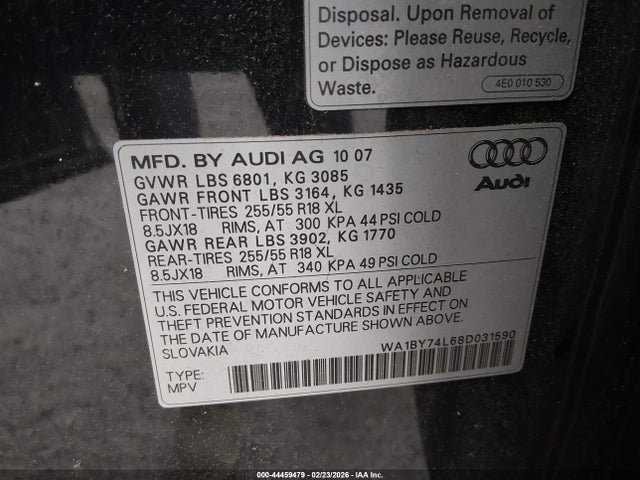2008 AUDI Q7 WA1BY74L68D031590 Photo 8