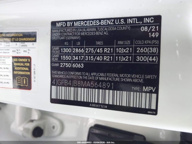Продаж на аукціоні авто 2021 Mercedes-benz Gle 350, vin: 4JGFB4JB8MA564891, номер лоту: 44459583