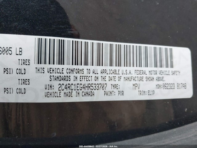 Aukcja sprzedaży 2017 Chrysler Pacifica Touring-l Plus, vin: 2C4RC1EG4HR533707, numer aukcji: 44459642