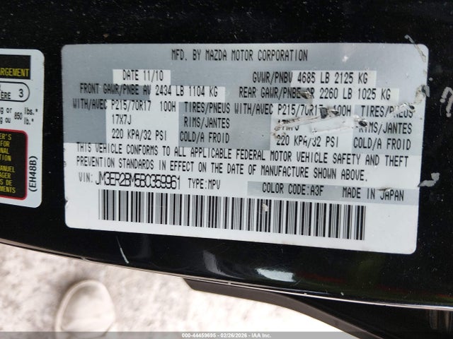 44459695 :رقم المزاد ، JM3ER2BM5B0359961 vin ، 2011 Mazda Cx-7 I Sport مزاد بيع