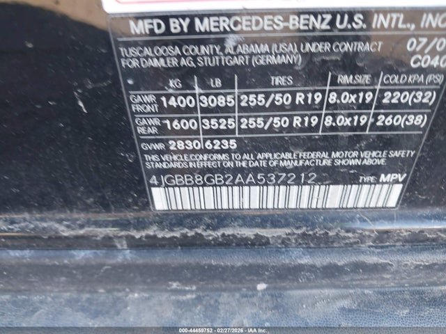 2010 Mercedes-benz Ml 350 4matic მანქანა იყიდება აუქციონზე, vin: 4JGBB8GB2AA537212, აუქციონის ნომერი: 44459752