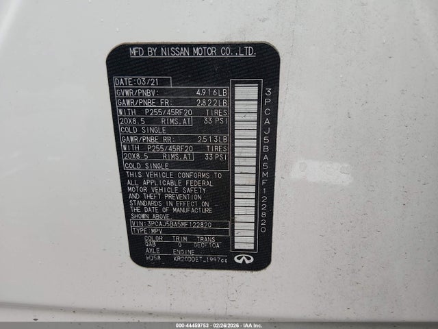 Aukcja sprzedaży 2021 Infiniti Qx50 Luxe, vin: 3PCAJ5BA5MF122820, numer aukcji: 44459753