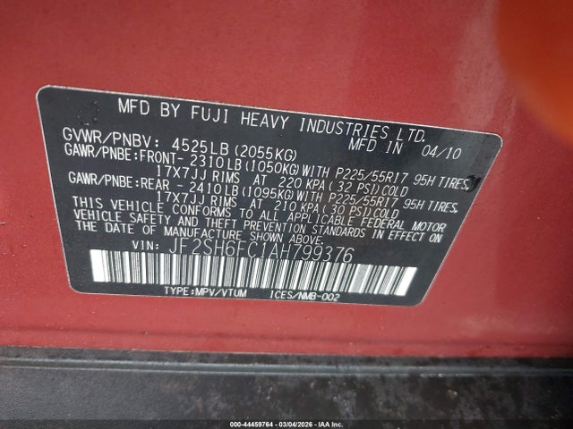 Aukcja sprzedaży 2010 Subaru Forester 2.5xt Limited, vin: JF2SH6FC1AH799376, numer aukcji: 44459764