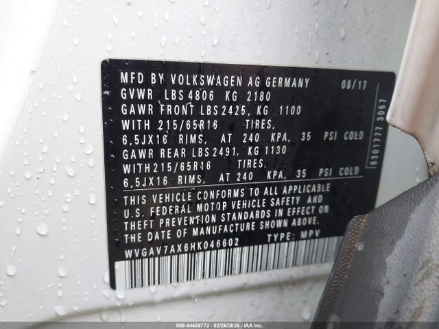 Продажа на аукционе авто 2017 Volkswagen Tiguan 2.0t/2.0t S, vin: WVGAV7AX6HK046602, номер лота: 44459772