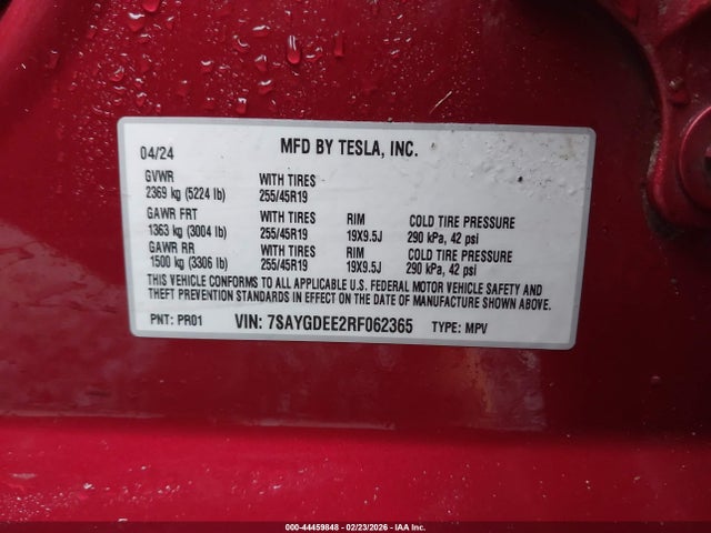 44459848 :رقم المزاد ، 7SAYGDEE2RF062365 vin ، 2024 Tesla Model Y Long Range Dual Motor All-wheel Drive مزاد بيع