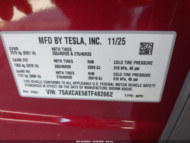 Auction sale of the 2026 Tesla Model X All-wheel Drive, vin: 7SAXCAE58TF482662, lot number: 44459854