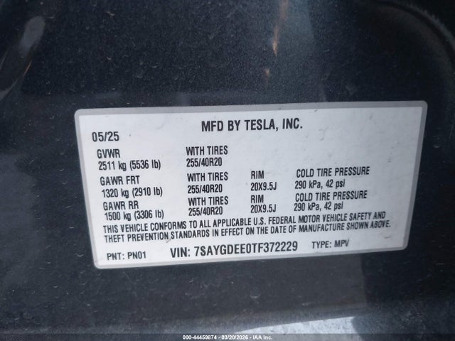 Aukcja sprzedaży 2026 Tesla Model Y Long Range Launch Series/premium All-wheel Drive, vin: 7SAYGDEE0TF372229, numer aukcji: 44459874