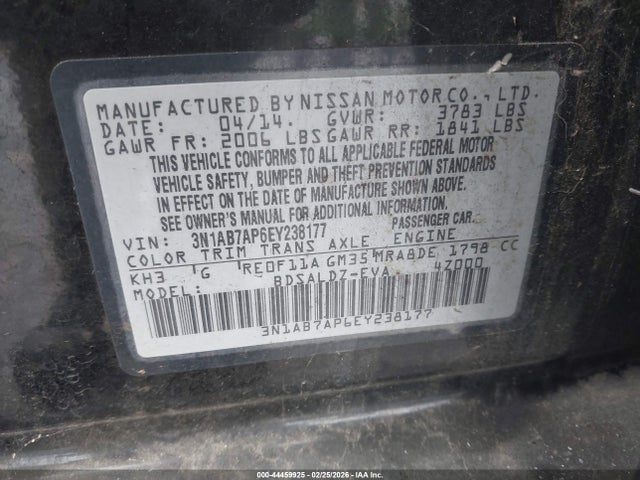 3N1AB7AP6EY238177 Nissan Sentra Fe+ S/fe+ Sv/s/sl/sr/sv